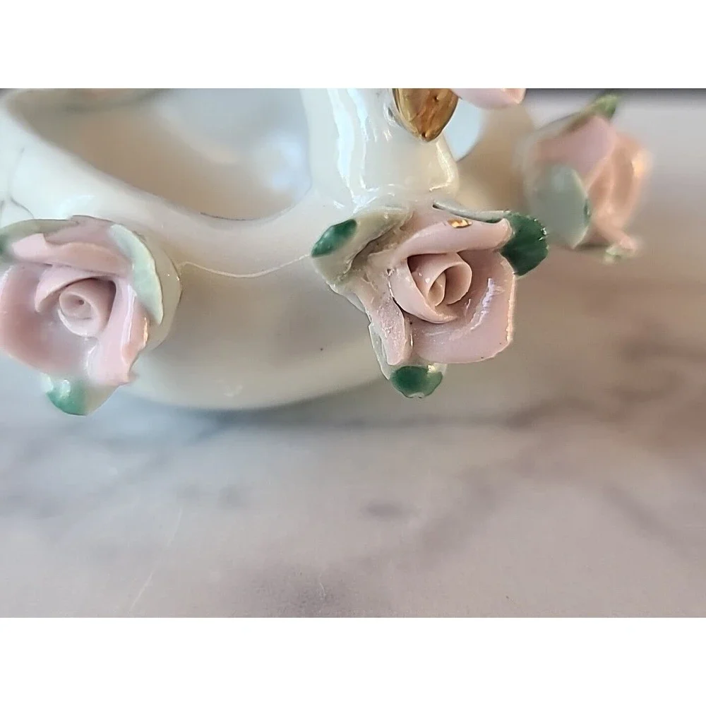 Vintage Ceramic Swan Trinket Dish With Capodimonte Flowers